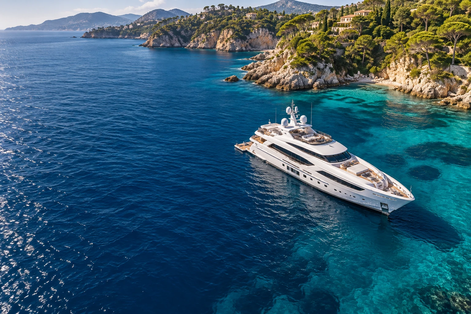 Illustrative yacht anchored beside a Mediterranean coast